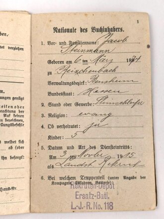 Hessen, Militärpaß eines Angehörigen im Landwehr Infanterie Regiment No. 118. Frankreichfeldzug,