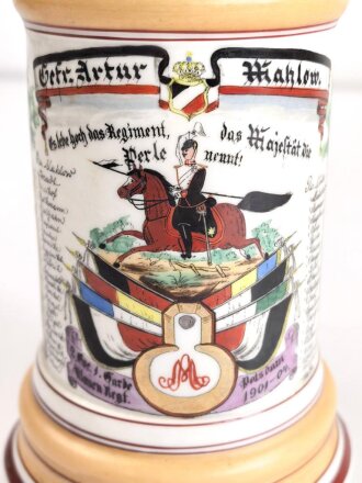 Preußen, Reservistenkrug eines Angehörigen im "1. Garde Ulanen Regiment Potsdam 1901-04" Guter Gesamtzustand, gebrauchsspuren, ungereinigtes Stück