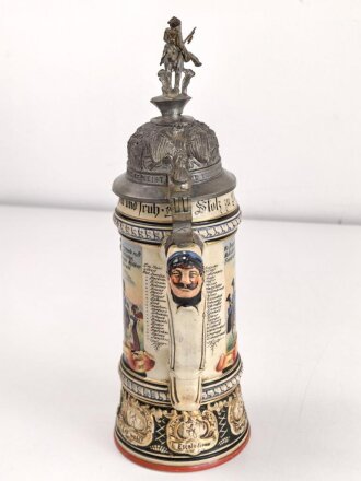Preußen, Reservistenkrug eines Angehörigen im "Dragoner Regiment Nr.19 Oldenburg 1905-1908" Steinzeugkrug mit Alters- und Gebrauchsspuren, ungereinigtes Stück