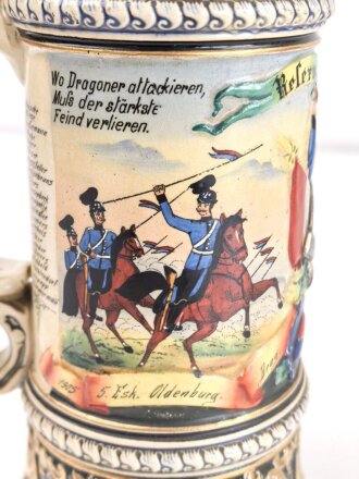 Preußen, Reservistenkrug eines Angehörigen im "Dragoner Regiment Nr.19 Oldenburg 1905-1908" Steinzeugkrug mit Alters- und Gebrauchsspuren, ungereinigtes Stück