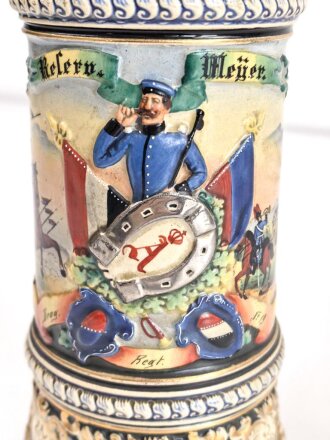 Preußen, Reservistenkrug eines Angehörigen im "Dragoner Regiment Nr.19 Oldenburg 1905-1908" Steinzeugkrug mit Alters- und Gebrauchsspuren, ungereinigtes Stück