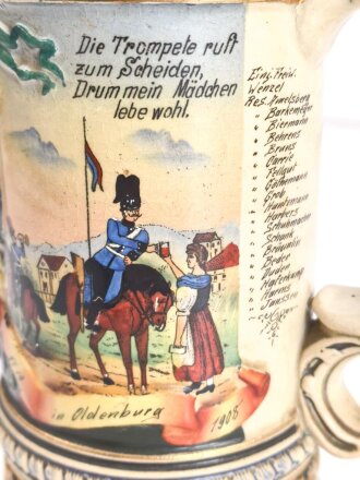 Preußen, Reservistenkrug eines Angehörigen im "Dragoner Regiment Nr.19 Oldenburg 1905-1908" Steinzeugkrug mit Alters- und Gebrauchsspuren, ungereinigtes Stück