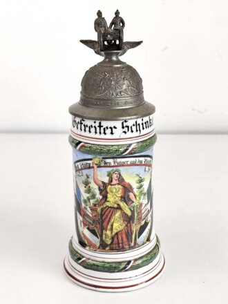 Preußen, Reservistenkrug eines Angehörigen im "2. Garde Feld Artillerie Regiment Potsdam 1905-07" Guter Gesamtzustand mit leichten Gebrauchs- und Altersspuren