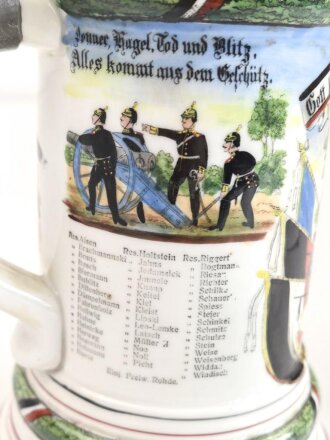 Preußen, Reservistenkrug eines Angehörigen im "2. Garde Feld Artillerie Regiment Potsdam 1905-07" Guter Gesamtzustand mit leichten Gebrauchs- und Altersspuren