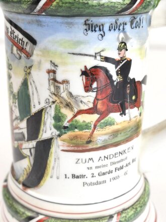 Preußen, Reservistenkrug eines Angehörigen im "2. Garde Feld Artillerie Regiment Potsdam 1905-07" Guter Gesamtzustand mit leichten Gebrauchs- und Altersspuren