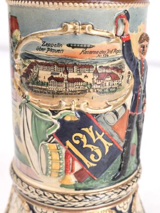 Sachsen, Reservistenkrug eines Angehörigen im "Infanterie Regiment Nr.134 Plauen 1911-13" Steinzeugkrug in gutem Gesamtzustand, der Deckel repariert . Ungereinigtes Stück