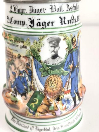 Bayern, Reservistenkrug eines Angehörigen im "Jäger Batl. Aschaffenburg 1912-14" Loch im Boden, sonst guter Gesamtzustand