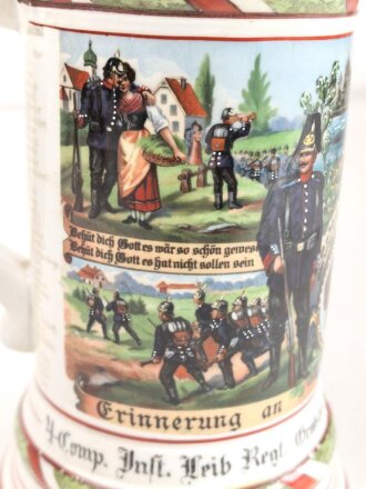 Hessen, Reservistenkrug eines Angehörigen im "Infanterie Leib Regiment Nr. 117 Mainz 1908-10" die Schwärzung der Schrift zum Teil vergangen, sonst in gutem Gesamtzustand. Ungereinigtes Stück