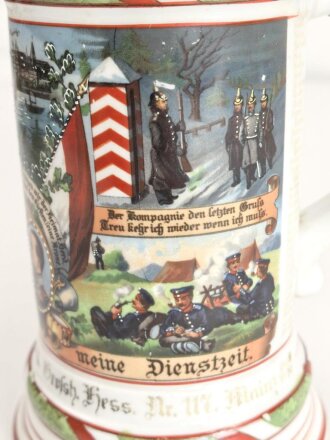 Hessen, Reservistenkrug eines Angehörigen im "Infanterie Leib Regiment Nr. 117 Mainz 1908-10" die Schwärzung der Schrift zum Teil vergangen, sonst in gutem Gesamtzustand. Ungereinigtes Stück
