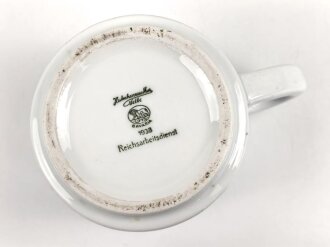 Reichsarbeitsdienst, Kantinenporzellan große Kaffeetasse, Hersteller Hutschenreuther Selb Bavaria 1938, Gesamthöhe 10cm und Durchmesser 10,5cm, gebraucht
