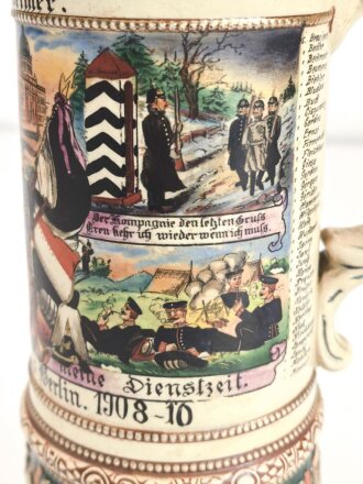 Preußen, Reservistenkrug eines Angehörigen im "3. Garde Regiment zu Fuß Berlin 1908-10" Guter Gesamtzustand mit leichten Gebrauchs- und Altersspuren