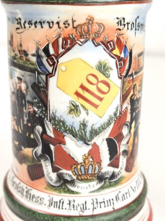 Hessen, Reservistenkrug eines Angehörigen im "Infanterie  Regiment Nr. 118 Worms 1901-03" Gebrauchs- und Altersspuren, an sich aber guter Gesamtzustand, ungereinigt