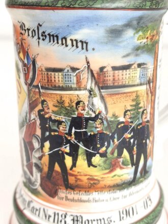 Hessen, Reservistenkrug eines Angehörigen im "Infanterie  Regiment Nr. 118 Worms 1901-03" Gebrauchs- und Altersspuren, an sich aber guter Gesamtzustand, ungereinigt