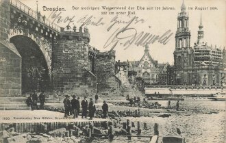Ansichtskarte "Dresden - Der niedrigste Wasserstand der Elbe seit 100 Jahren, 222 cm unter Null, im August 1904"