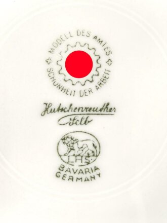 Deutsche Arbeitsfront, Kantinenporzellan Teller, Hersteller Hutschenreuther Selb Bavaria Germany, Durchmesser 23,5cm, gebraucht, Randschaden