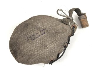 1.Weltkrieg, Feldflasche mit Bezug aus Ersatzmaterial, dieser mit Hersteller " Emanuel Kahn Karlsruhe" Guter Zustand , ungetragenes Stück