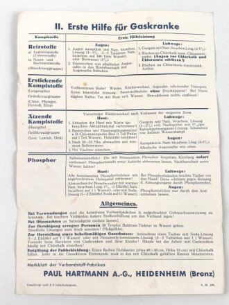 Merkblatt der Verbandstoff Fabriken Paul Hartmann Heidenheim " Die Kampfstoffe" DIN A5, Druckvermerk von 1939