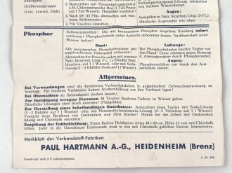 Merkblatt der Verbandstoff Fabriken Paul Hartmann Heidenheim " Die Kampfstoffe" DIN A5, Druckvermerk von 1939