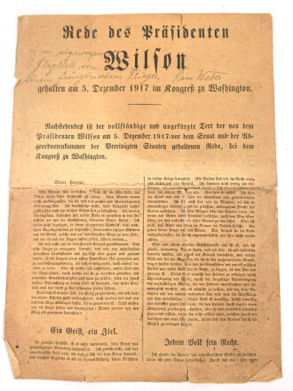 1. Weltkrieg "Rede des Präsidenten Wilson" 5. Dezember 1917, über DIN A4, zusammen gefaltet