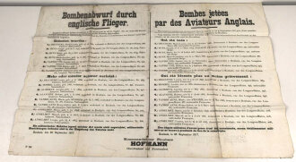 1. Weltkrieg, Wandanschlag Kommandantur Robaix "Bombenabwurf durch englische Flieger" datiert 1917, stark gebraucht, deutsch/französisch, Maße 100 x 66 cm, zusammen gefaltet