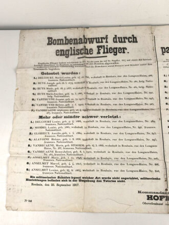 1. Weltkrieg, Wandanschlag Kommandantur Robaix "Bombenabwurf durch englische Flieger" datiert 1917, stark gebraucht, deutsch/französisch, Maße 100 x 66 cm, zusammen gefaltet