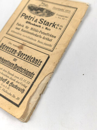 "Adressen Verzeichnis der Militär Kantinen Deutschlands" datiert 1913, DIN A6, stark gebraucht,Umschlage lose