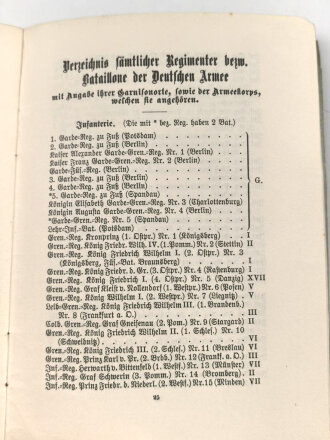 "Die Standortorte  des Deutschen Reichsheeres" datiert 1906, 40 Seiten, DIN A6, Titel defekt