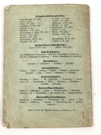 "Die Standortorte  des Deutschen Reichsheeres" datiert 1906, 40 Seiten, DIN A6, Titel defekt