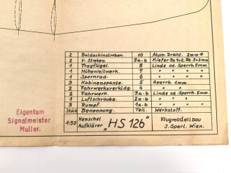 III.Reich, Modellbaubogen Henschel Aufklärer HS126. Guter Zustand, Maße 34 x 54cm