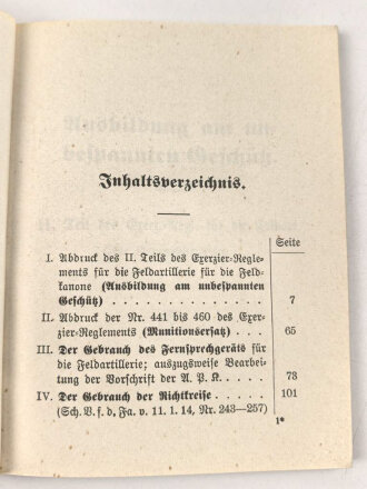 "Geschützexerzieren, Munitionsersatz, Fernsprecher, Richtkreis" datiert 1914, 115 Seiten, DIN A6