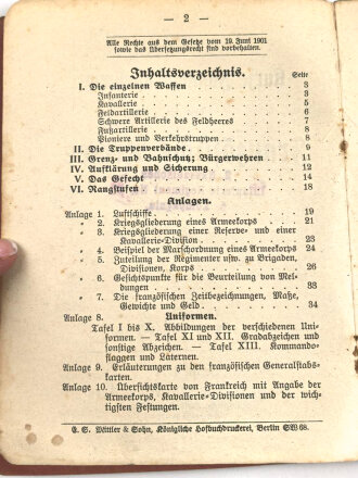 "Kurze Zusammenstellung über die Französische Armee" datiert 1914, 31 Seiten plus Tafeln, DIN A6
