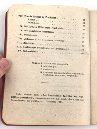 "Kurze Zusammenstellung über die Französische Armee" datiert 1917, 46 Seiten plus Tafeln, DIN A6