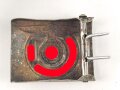 Waffen SS, Koppelschloss für Mannschaften. Nickelschloss von Overhoff & Cie Lüdenscheid. Leicht narbiger Bodenfund, der " U" Haken vermutlich neuzeitlich ergänzt