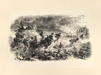 Dekorativer Druck aus der Zeit des zweiten Weltkrieges "Panzergrenadiere stürmen einen wichtigen sowjetischen Bahnhof" Maße: 24,5 x 30,5 cm