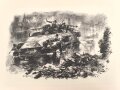 Dekorativer Druck aus der Zeit des zweiten Weltkrieges "Einbruch der Panzergrenadiere in eine zäh verteidigte sowjetischen Ortschaft" Maße: 24,5 x 30,5 cm