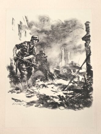 Dekorativer Druck aus der Zeit des zweiten Weltkrieges "Panzergrenadiere brechen den letzen Widerstand" Maße: 24,5 x 30,5 cm