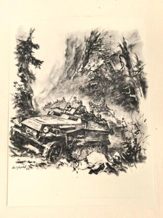 Dekorativer Druck aus der Zeit des zweiten Weltkrieges "Panzergrenadiere stürmen in den Kaukasus hinein" Maße: 24,5 x 30,5 cm