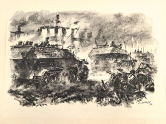 Dekorativer Druck aus der Zeit des zweiten Weltkrieges "Panzergrenadiere in tastlosem Vormarsch" Maße: 24,5 x 30,5 cm