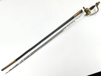 Kaiserreich, Infanterie Offiziers Degen alter Art. Beidseitige Klingenätzung, Hersteller WK & C. Lederscheide leicht geschrumpft.