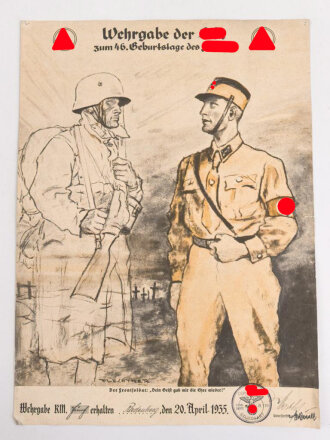 Erinnerungsurkunde anlässlich der "Wehrgabe der SA zum 46. Geburtstag des Führers am 20. April 1935" Standarte R119 Stuttgart" Maße 28 x 39cm, mittig gefaltet