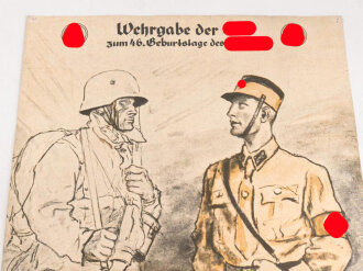 Erinnerungsurkunde anlässlich der "Wehrgabe der SA zum 46. Geburtstag des Führers am 20. April 1935" Standarte R119 Stuttgart" Maße 28 x 39cm, mittig gefaltet