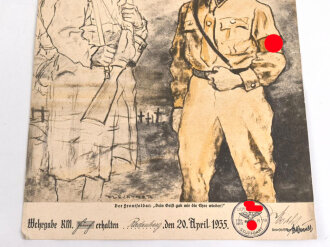 Erinnerungsurkunde anlässlich der "Wehrgabe der SA zum 46. Geburtstag des Führers am 20. April 1935" Standarte R119 Stuttgart" Maße 28 x 39cm, mittig gefaltet