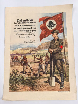 Gedenkblatt des Reichsarbeitsdienstes für einen...