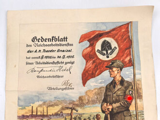 Gedenkblatt des Reichsarbeitsdienstes für einen...