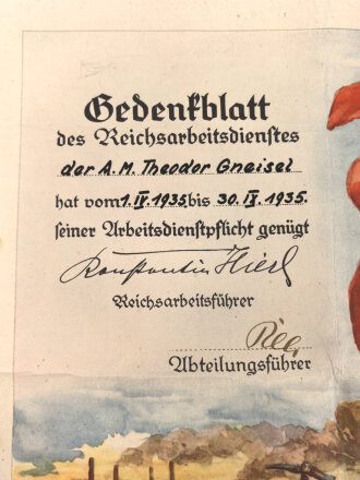 Gedenkblatt des Reichsarbeitsdienstes für einen Arbeitsmann der 1935 gedient hat, Maße 33,5 x 44 cm, stark geknickt
