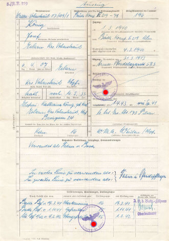 Stammrollenauszug eines Angehörigen der Wehrmacht. Artillerie Regiment 219