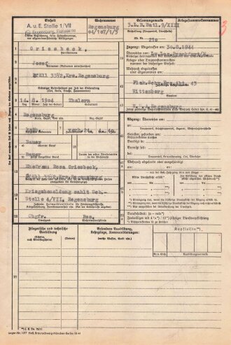 Stammrollenauszug eines Angehörigen der Wehrmacht ....