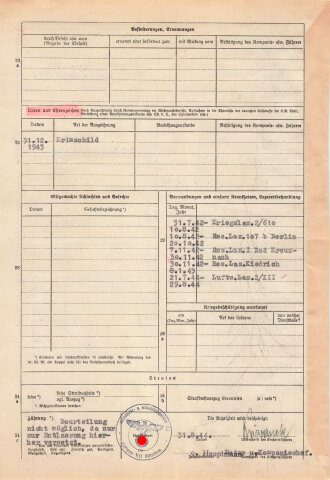 Stammrollenauszug eines Angehörigen der Wehrmacht ....
