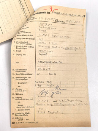 Stammrollenauszug eines Angehörigen der Wehrmacht . Gebirgsjäger Regiment 13