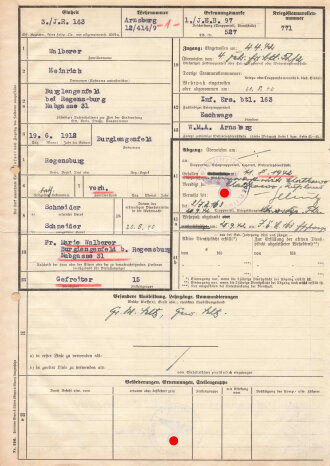 Stammrollenauszug eines Angehörigen der Wehrmacht eines Gefreiten im Infanterie Regiment, datiert 1942